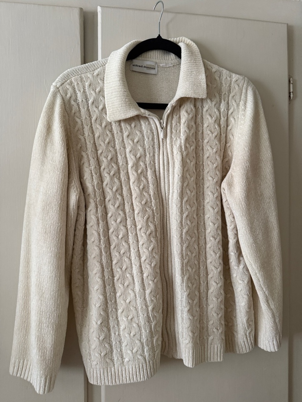 Alfred Dunner Cream Cable Zip-Up Sweater with Spread Collar